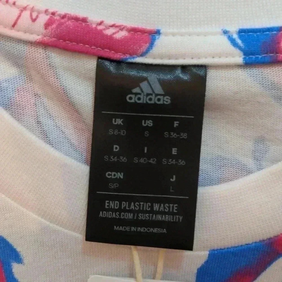 Adidas Women's Bloom Allover Print Tee-White/Pink/Blue - Picture 3 of 7